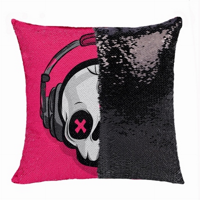 Awesome Skull Headphone Gift Personalised Picture Sequin Pillow