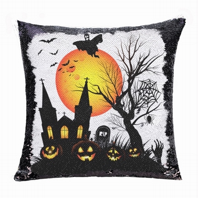 Halloween Moon Bat Church Tomb Flip Sequin Pillow Custom Gift