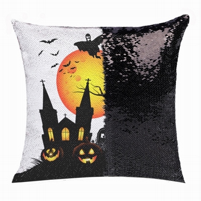 Halloween Moon Bat Church Tomb Flip Sequin Pillow Custom Gift