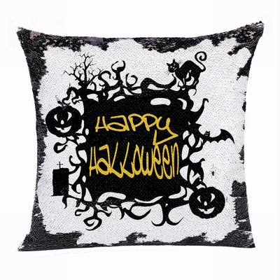 Happy Halloween Pumpkin Cat Bat Magic Sequin Pillow