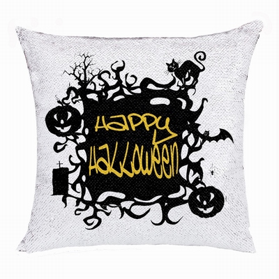 Happy Halloween Pumpkin Cat Bat Magic Sequin Pillow