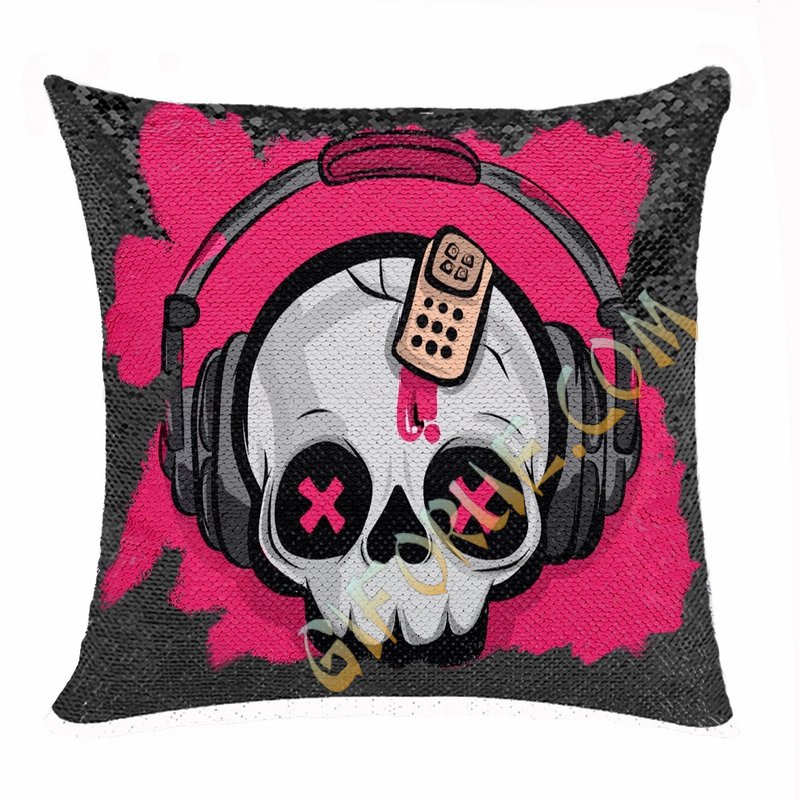 Awesome Skull Headphone Gift Personalised Picture Sequin Pillow - Click Image to Close