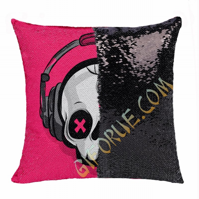 Awesome Skull Headphone Gift Personalised Picture Sequin Pillow - Click Image to Close