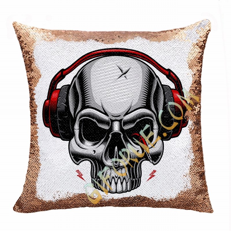 Clever Photo Gift Skull Headset Wholesale Flip Sequin Pillow - Click Image to Close