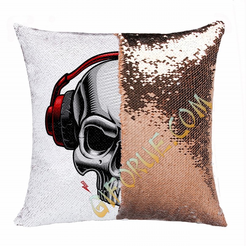 Clever Photo Gift Skull Headset Wholesale Flip Sequin Pillow - Click Image to Close