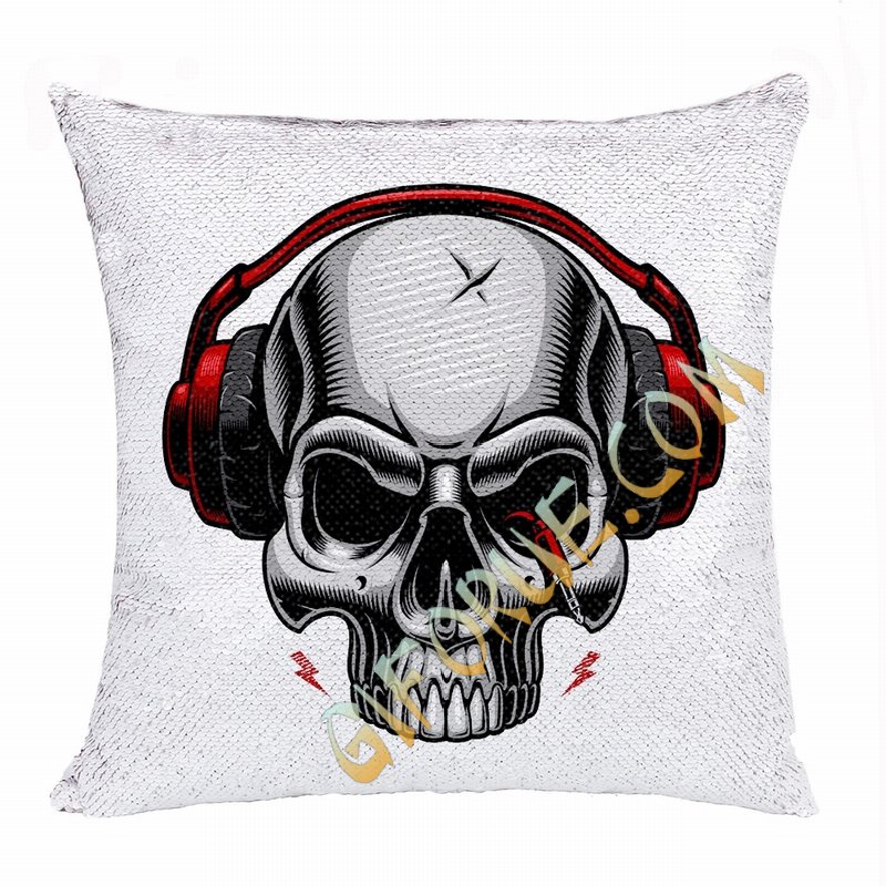 Clever Photo Gift Skull Headset Wholesale Flip Sequin Pillow - Click Image to Close