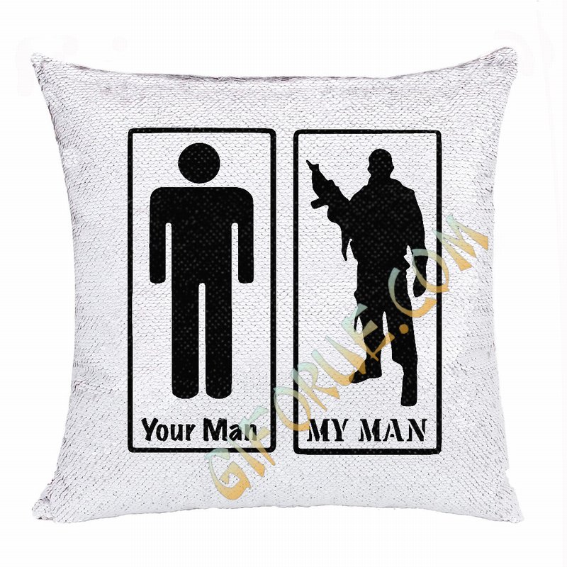 Funny Gift Personalised Image Reversible Sequin Pillow My Man - Click Image to Close