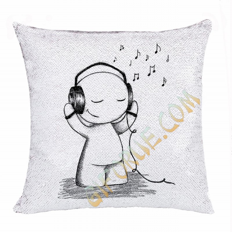 Unusual Gift Personalized Image Bluk Sequin Pillow Boy Love Music - Click Image to Close