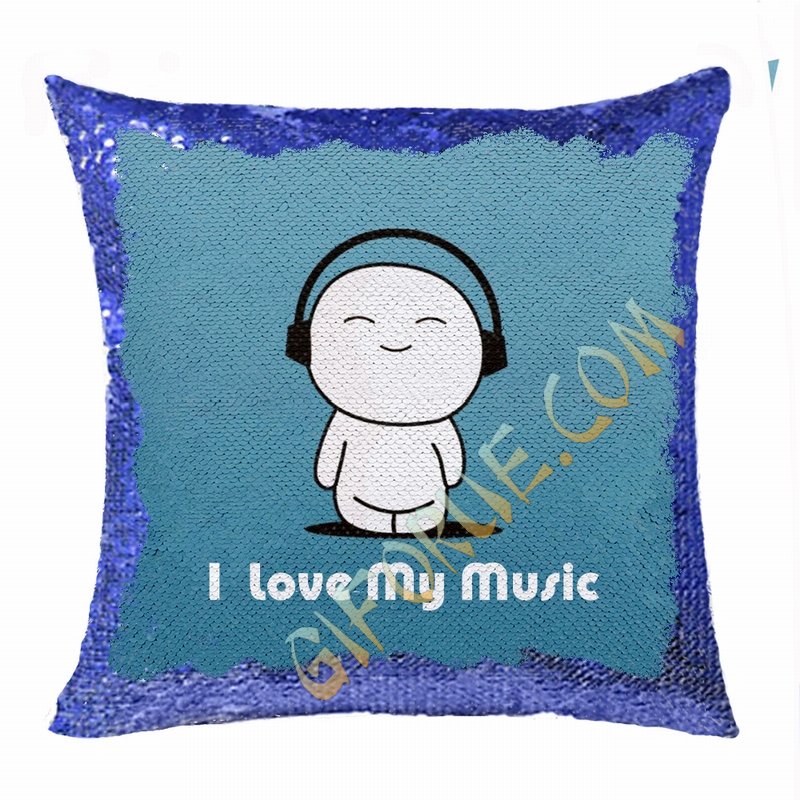 Wholesale Fashion Picture Gift I Love My Music Sequin Pillow - Click Image to Close