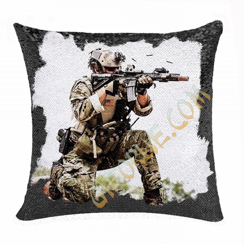 Wholesale Military Man Gift Engraved Photo Sequin Cushion Cover - Click Image to Close