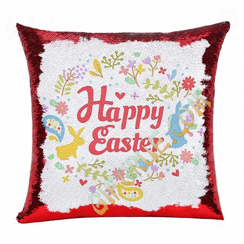 Happy Easter Gift Interesting Text Sequin Cushion Cover - Click Image to Close
