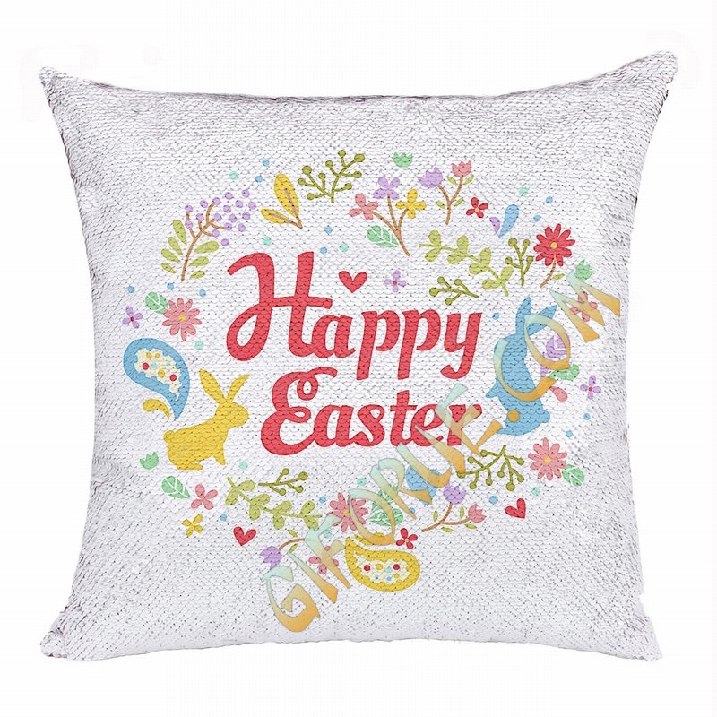 Happy Easter Gift Interesting Text Sequin Cushion Cover - Click Image to Close