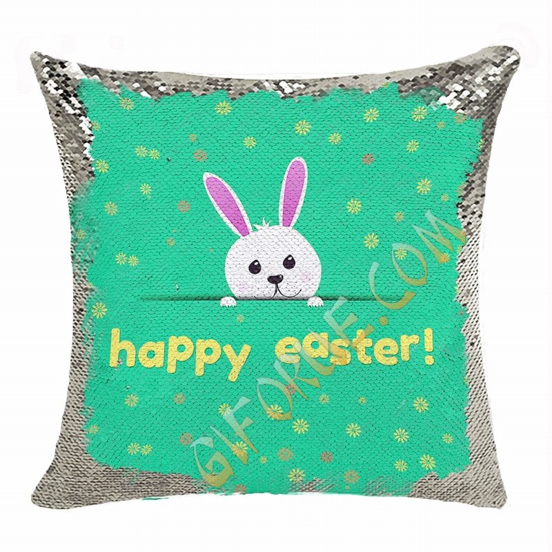 Happy Easter Rabbit Top Gift Sequin Pillow Personalized Gift - Click Image to Close