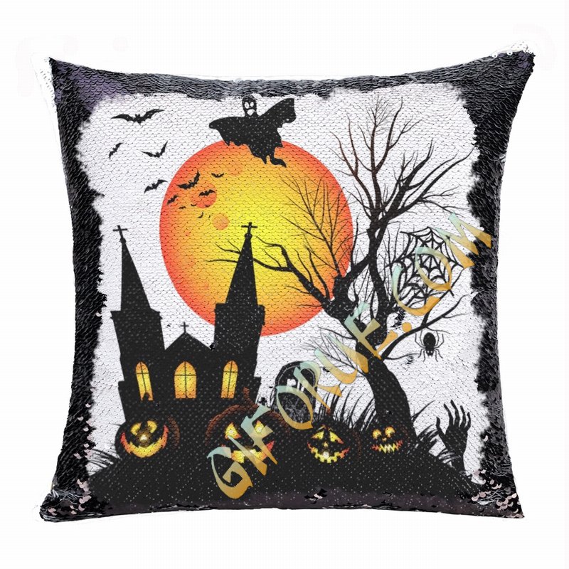 Halloween Moon Bat Church Tomb Flip Sequin Pillow Custom Gift - Click Image to Close