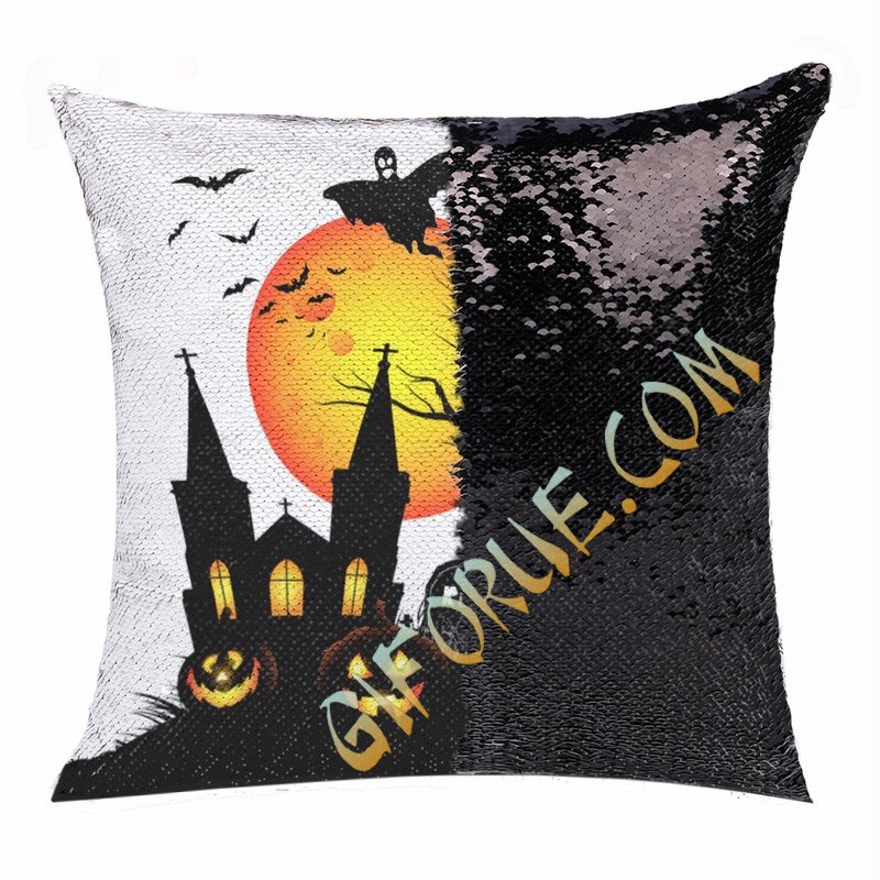 Halloween Moon Bat Church Tomb Flip Sequin Pillow Custom Gift - Click Image to Close