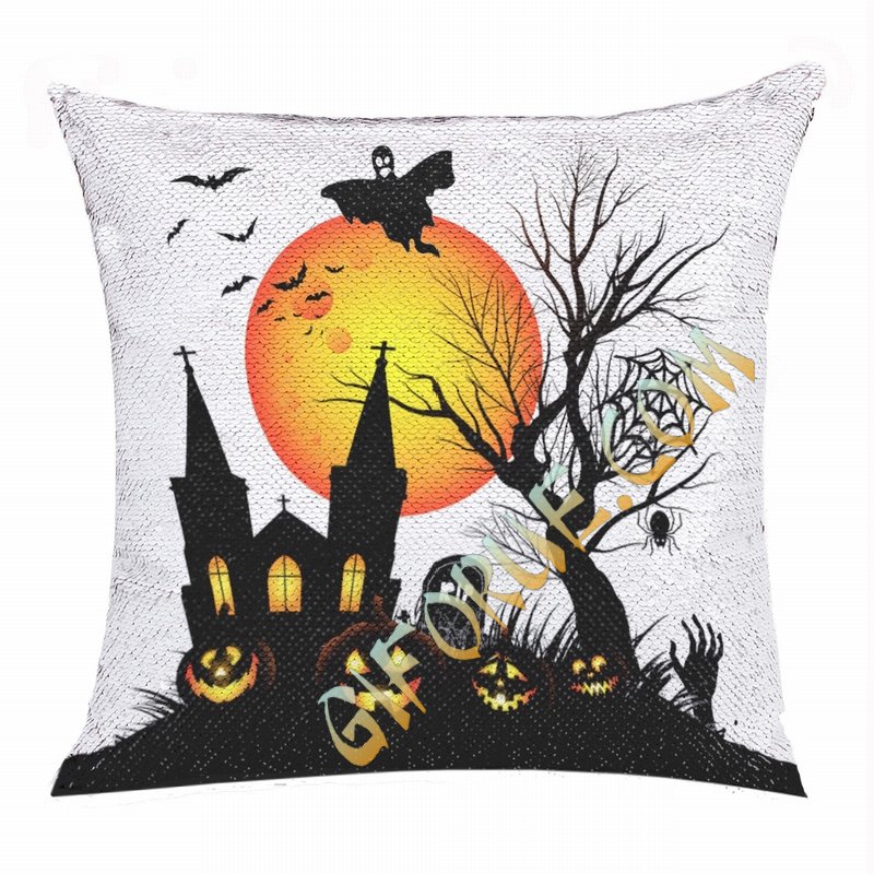 Halloween Moon Bat Church Tomb Flip Sequin Pillow Custom Gift - Click Image to Close