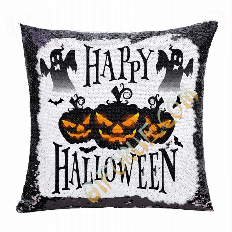 Halloween Gift Black Pumpkin Ghost Personalized Sequin Pillow - Click Image to Close