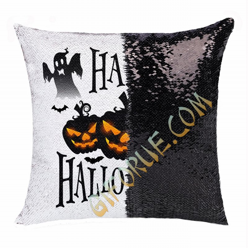 Halloween Gift Black Pumpkin Ghost Personalized Sequin Pillow - Click Image to Close