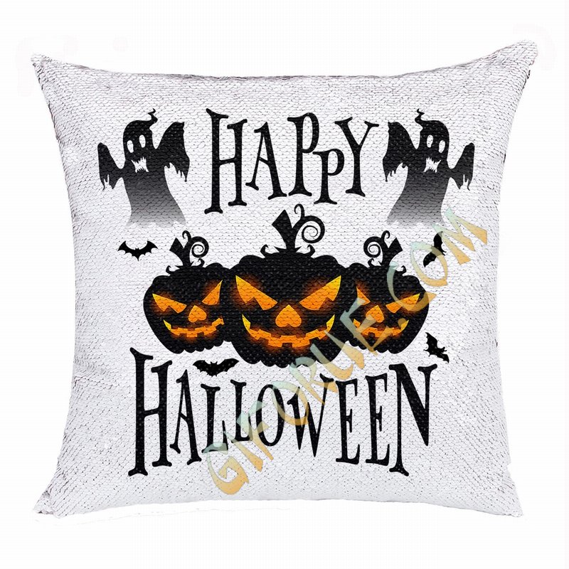 Halloween Gift Black Pumpkin Ghost Personalized Sequin Pillow - Click Image to Close