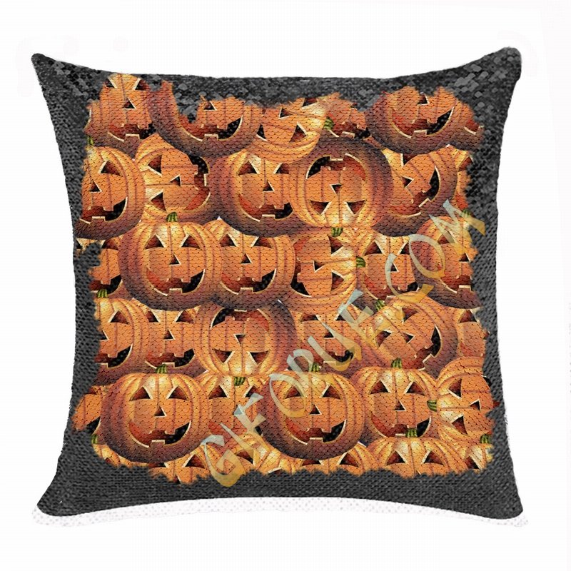 Halloween Pumpkins Uncommon Personalized Present Sequin Pillow - Click Image to Close