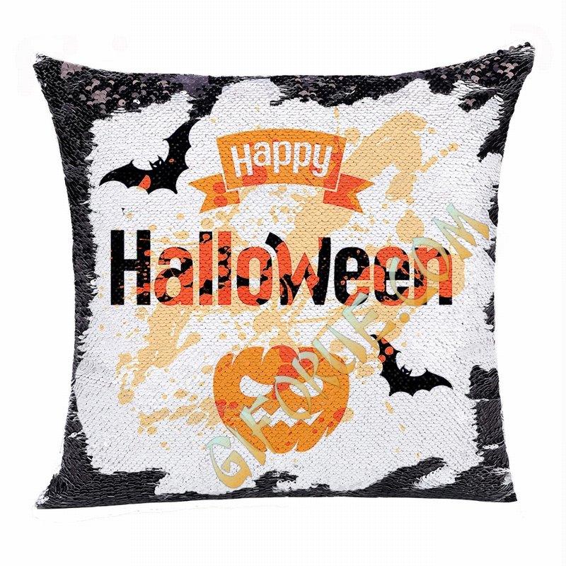 Happy Halloween Bat Pumpkin Unique Personalized Sequin Pillow - Click Image to Close