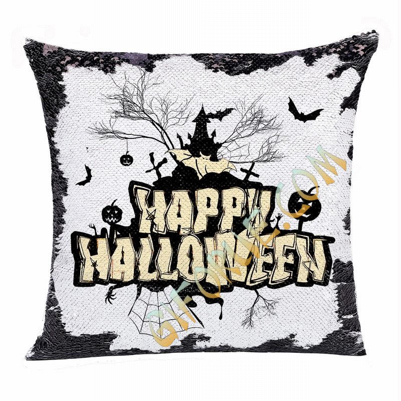 Happy Halloween Good Present Church Bat Pumpkin Sequin Pillow - Click Image to Close