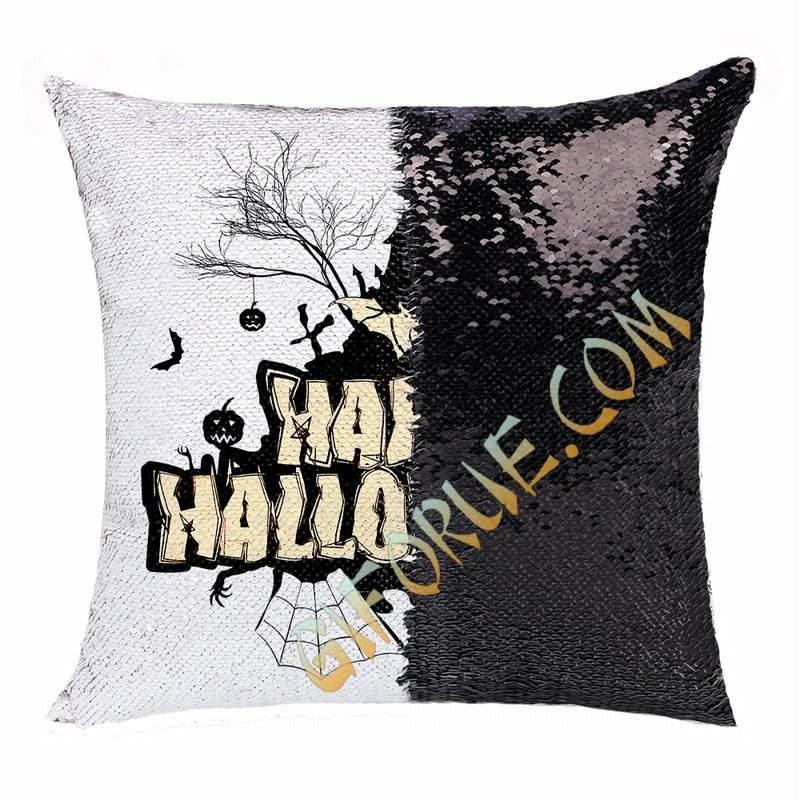 Happy Halloween Good Present Church Bat Pumpkin Sequin Pillow - Click Image to Close