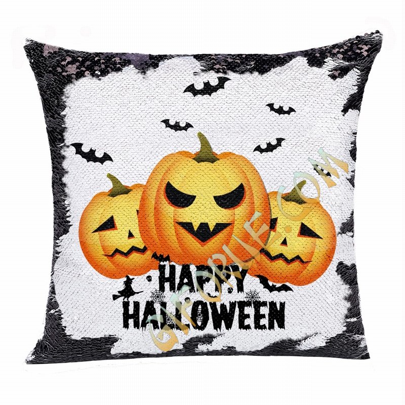 Happy Halloween Popular Gift Pumpkin Sequin Magic Pillow - Click Image to Close