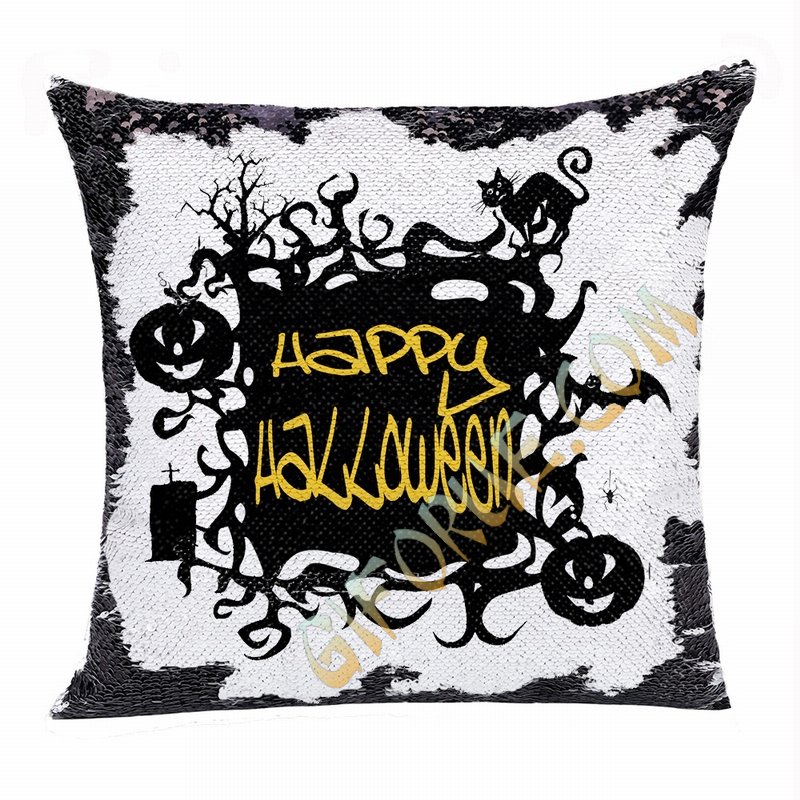 Happy Halloween Pumpkin Cat Bat Magic Sequin Pillow - Click Image to Close