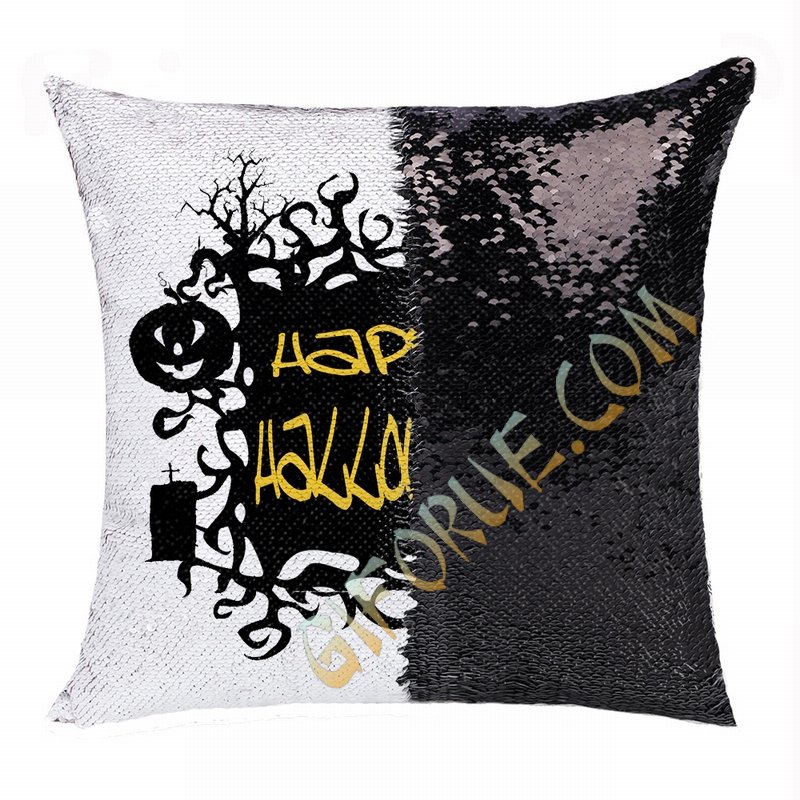 Happy Halloween Pumpkin Cat Bat Magic Sequin Pillow - Click Image to Close