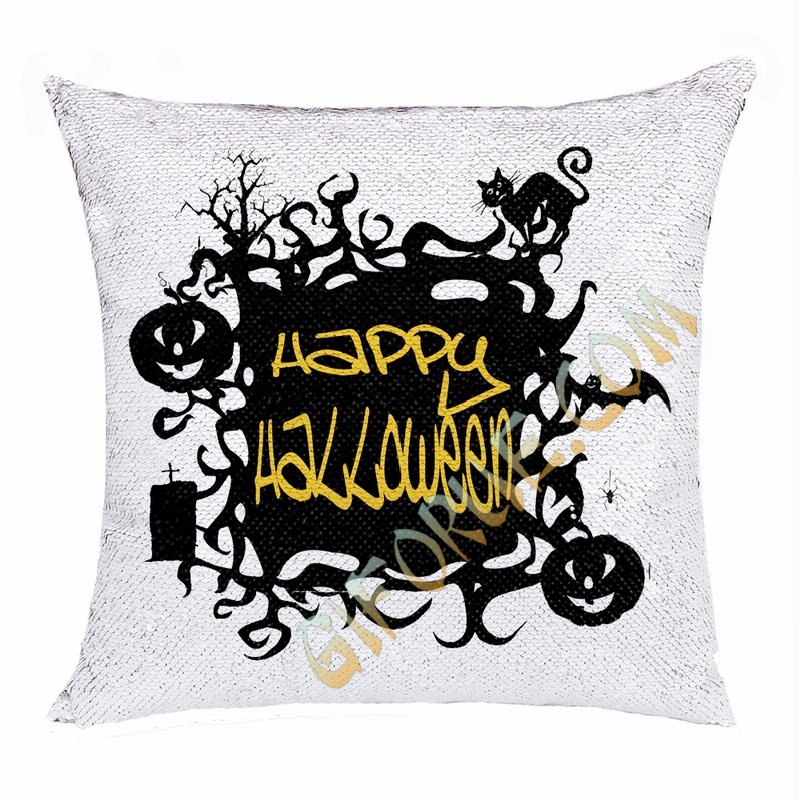 Happy Halloween Pumpkin Cat Bat Magic Sequin Pillow - Click Image to Close