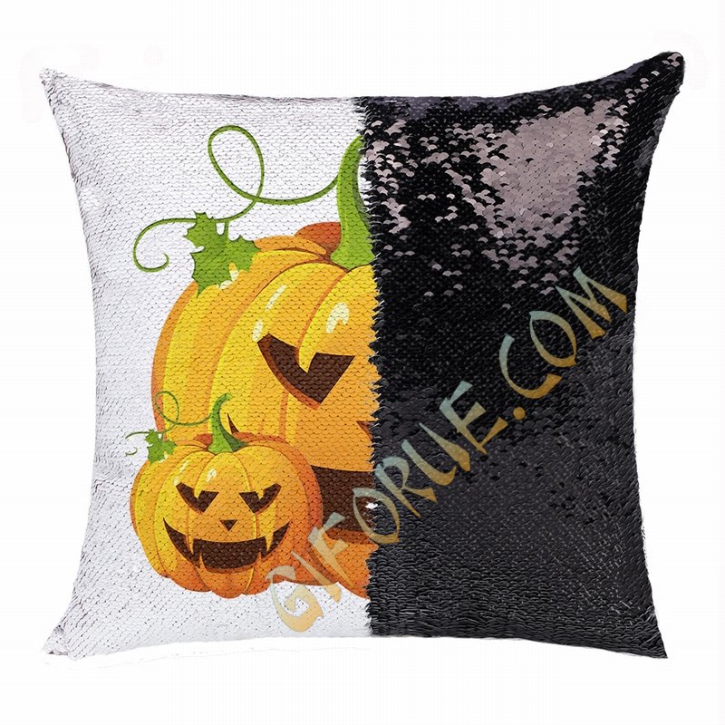 Pumpkin Flip Sequin Pillow Presonalized Photo Present - Click Image to Close