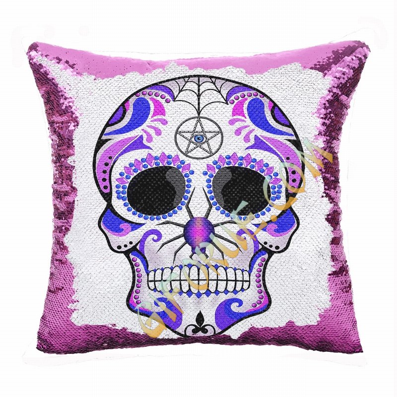 Skull Cheap Custom Present Personalized Sequin Cushion Cover - Click Image to Close