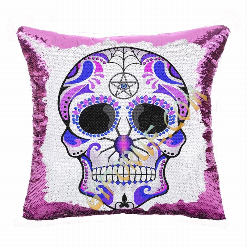 Skull Cheap Custom Present Personalized Sequin Cushion Cover - Click Image to Close