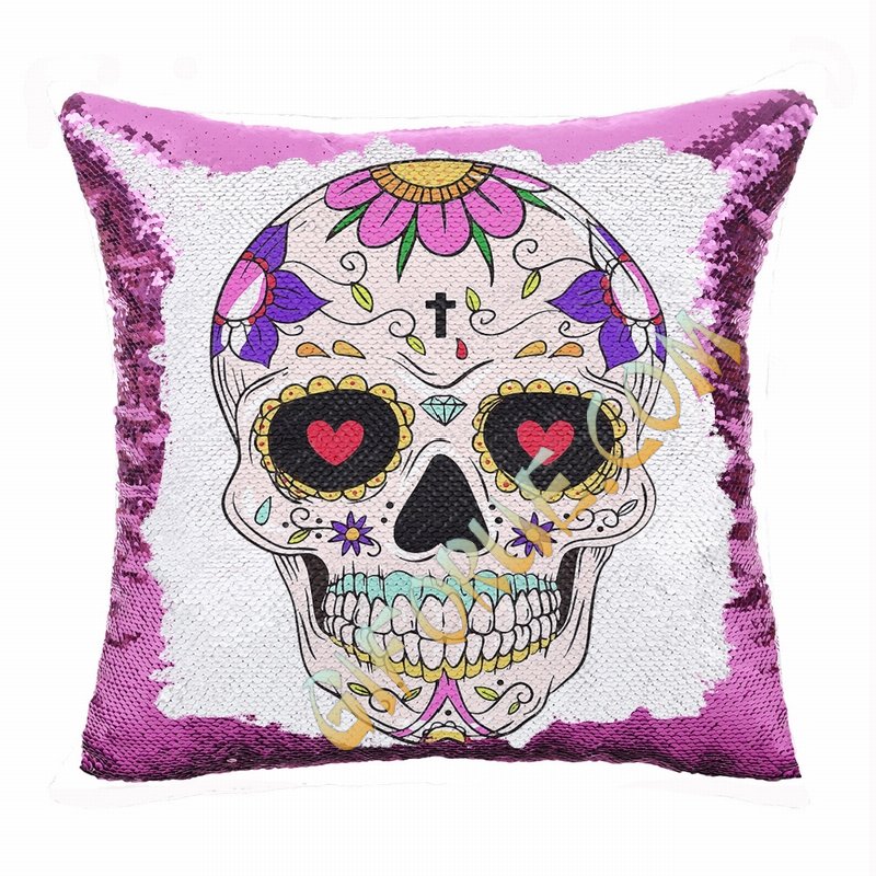 Skull Personalized Cool Gift Sugar Skull Flip Sequin Pillow - Click Image to Close