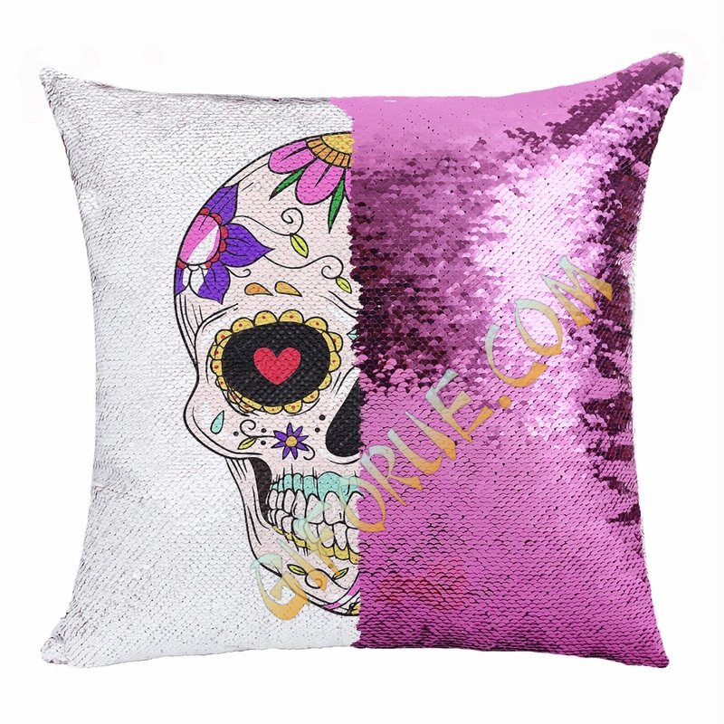 Skull Personalized Cool Gift Sugar Skull Flip Sequin Pillow - Click Image to Close