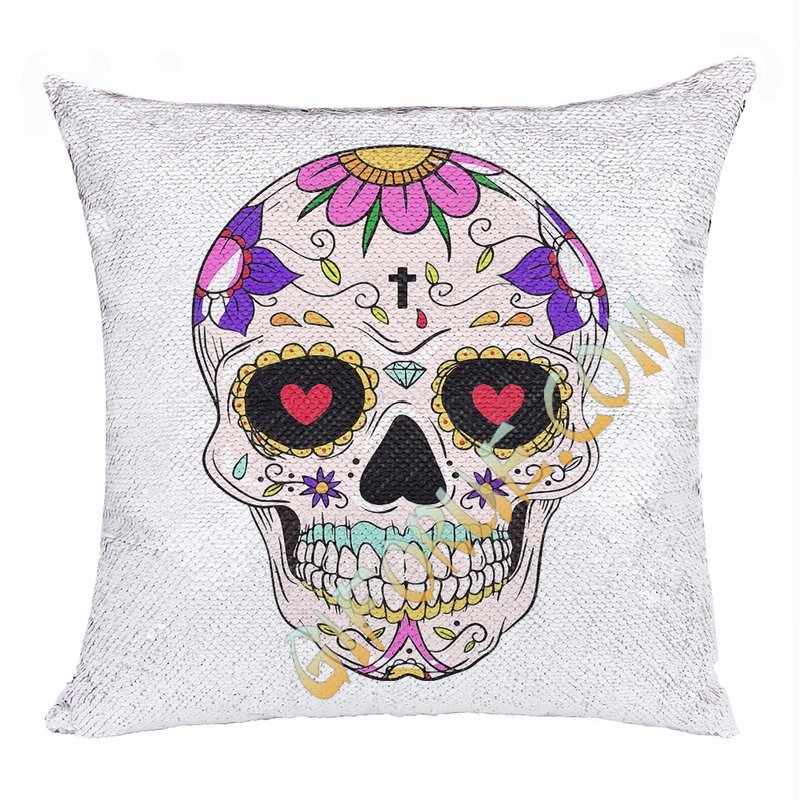 Skull Personalized Cool Gift Sugar Skull Flip Sequin Pillow - Click Image to Close