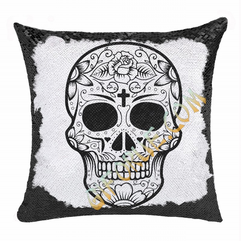 Personalized Skull Cute Custom Gift Black Sequin Cushion Cover - Click Image to Close