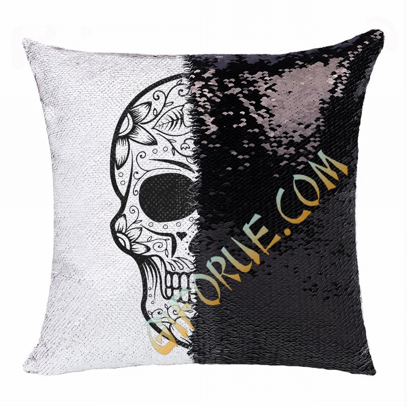 Personalized Skull Cute Custom Gift Black Sequin Cushion Cover - Click Image to Close