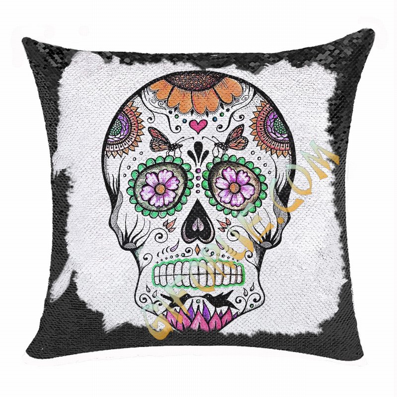 Skull Personalized Photo Present Brand New Sequin Pillow - Click Image to Close