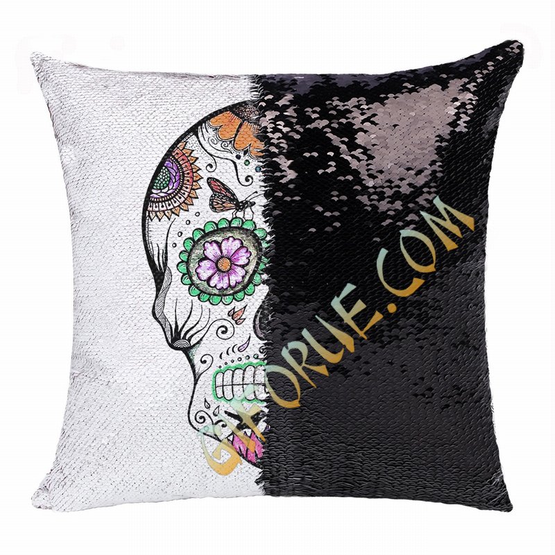 Skull Personalized Photo Present Brand New Sequin Pillow - Click Image to Close