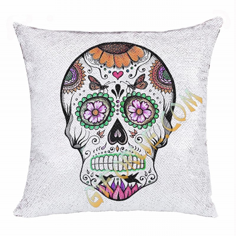 Skull Personalized Photo Present Brand New Sequin Pillow - Click Image to Close