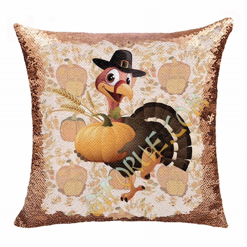 Thanksgiving Attactive Gift Pumpskin Trukey Sequin Pillow - Click Image to Close