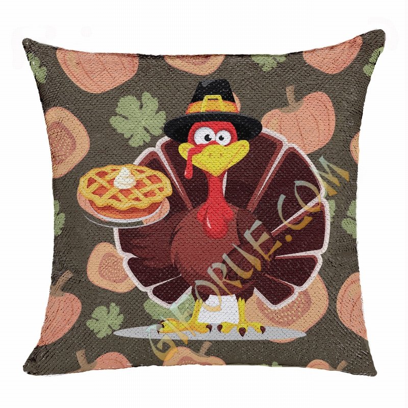 Thanksgiving Turkey Sequin Pillow Engraved Personalized Gift - Click Image to Close