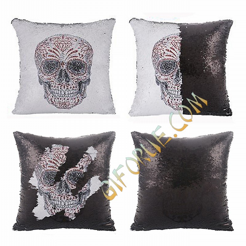 Sequin Cushion Cover Skull Halloween Gift - Click Image to Close