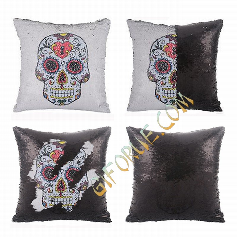 Sequin Cushion Cover Skull Flower Pillow In Bulk - Click Image to Close