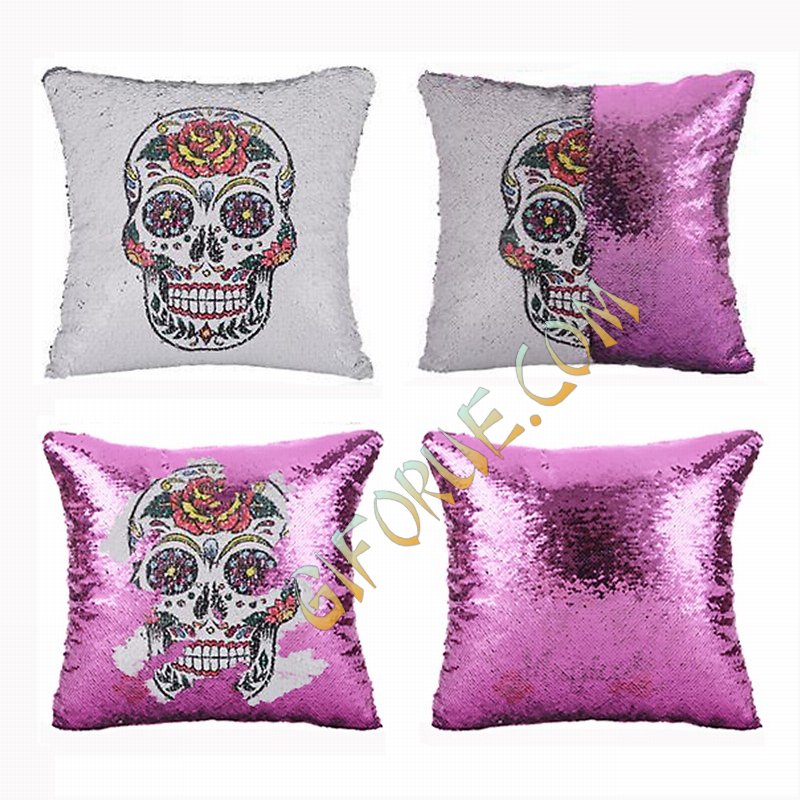 Skull Shaped Sequin Magic Pillow Festival Gift - Click Image to Close