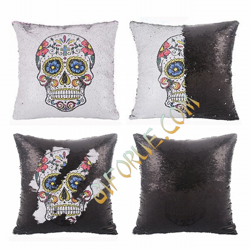 Skull And Roses Sequin Pillow Sepical Gift - Click Image to Close
