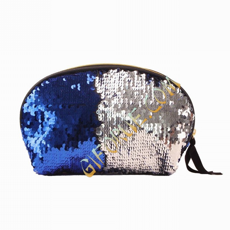 Fashion Shell Zipper Sequin Pouch Blue Silver - Click Image to Close