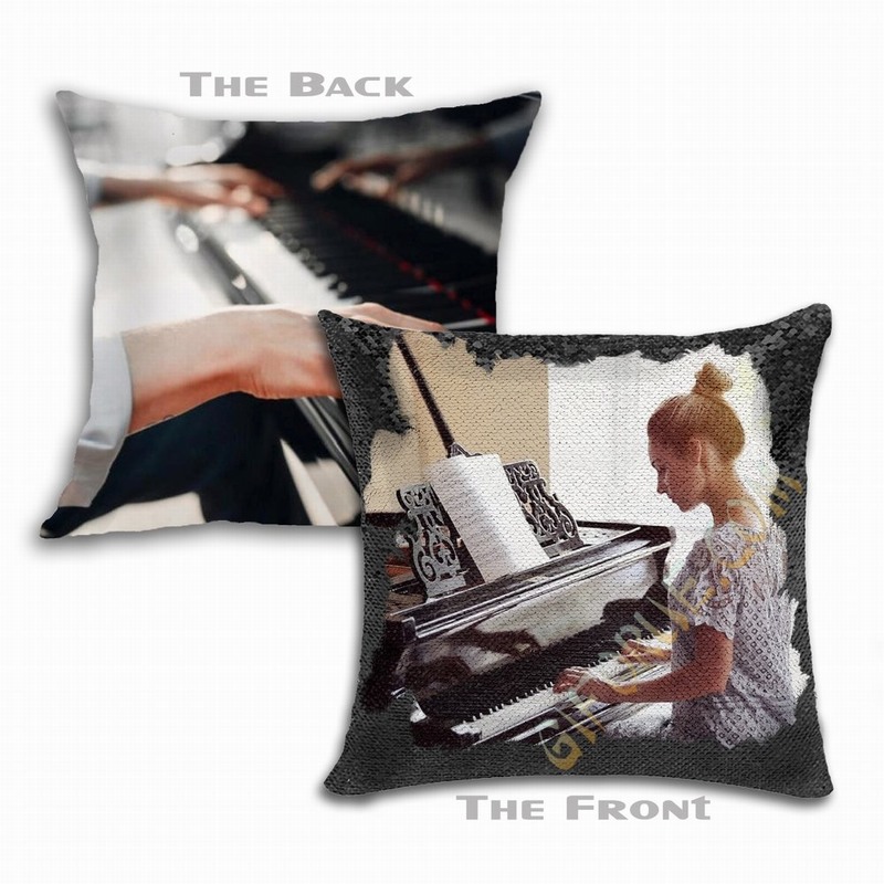 Handmade Double Sided Sequin Pillow Personalised Image Gift Pianist - Click Image to Close